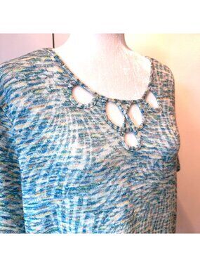 Alfred Dunner Womens XL Blue Multicolor Knit Top With Beaded Keyhole Neckline